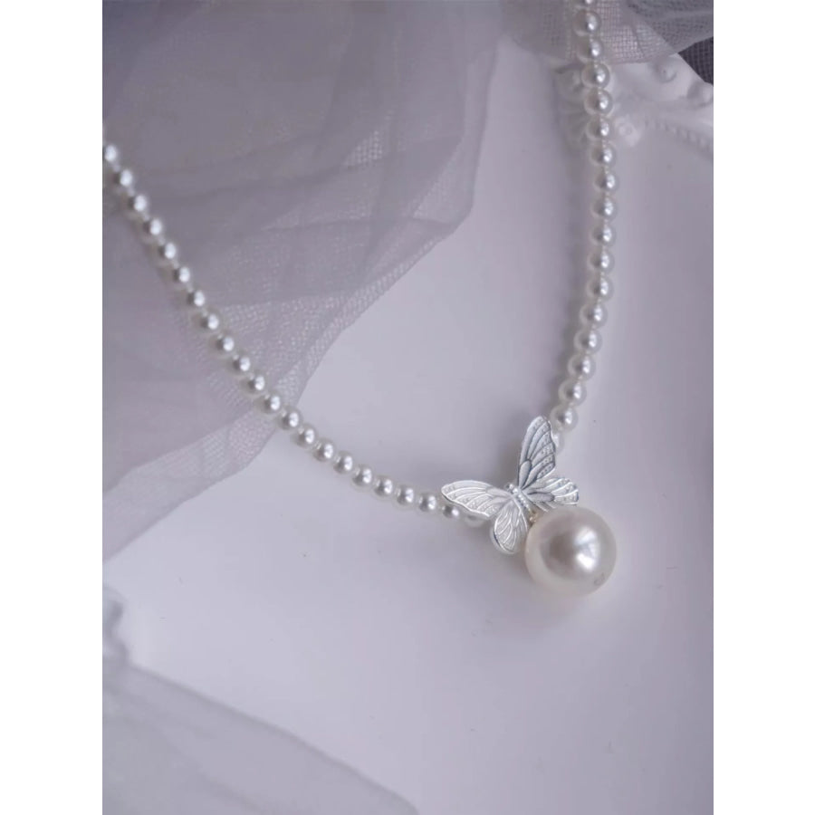 Pearl Butterfly Pendant Necklace White / One Size Apparel and Accessories
