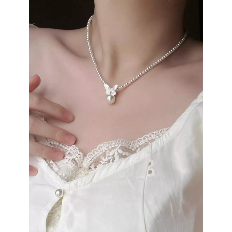 Pearl Butterfly Pendant Necklace White / One Size Apparel and Accessories