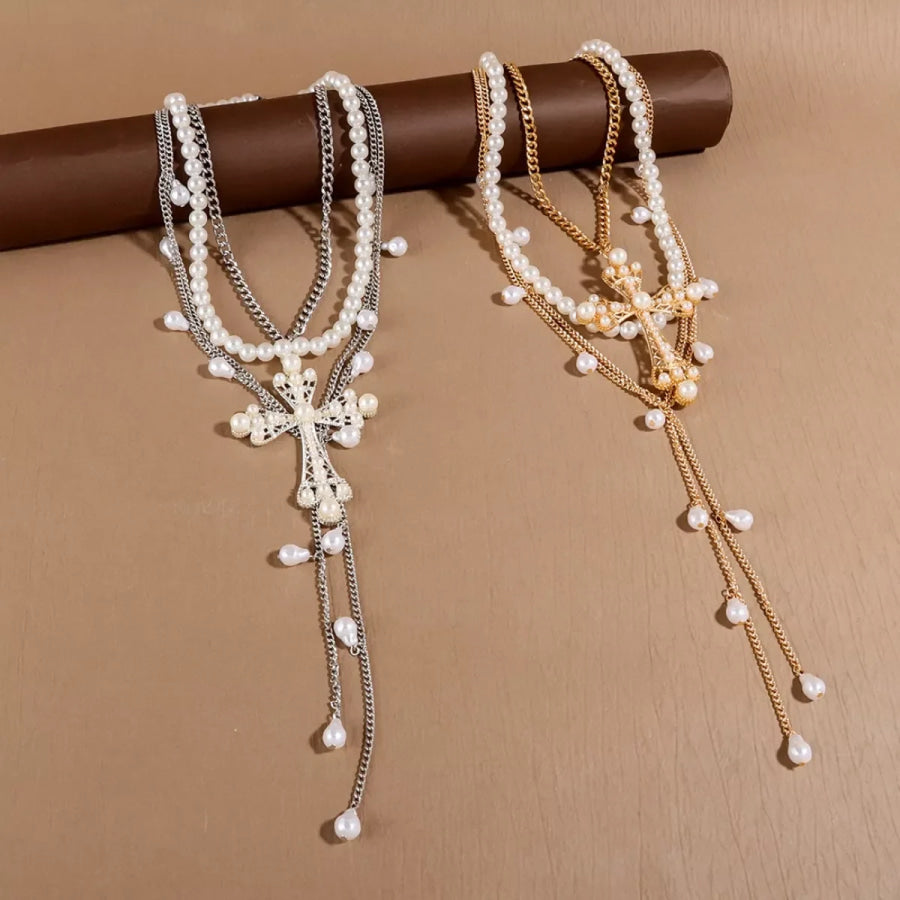Pearl Cross Pendant Necklace 3 Piece Set Apparel and Accessories