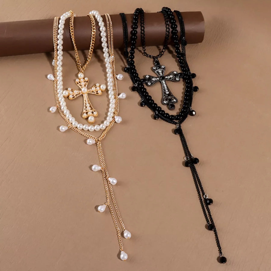 Pearl Cross Pendant Necklace 3 Piece Set Apparel and Accessories