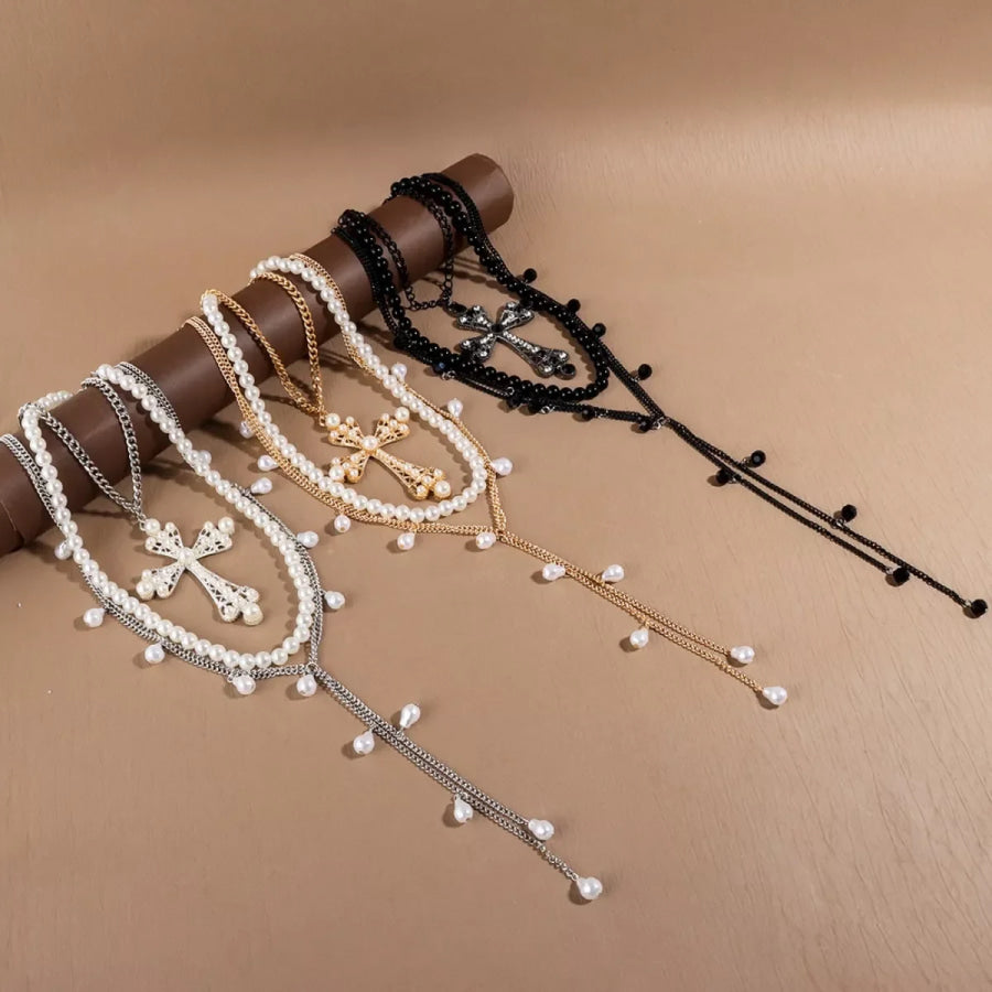 Pearl Cross Pendant Necklace 3 Piece Set Apparel and Accessories
