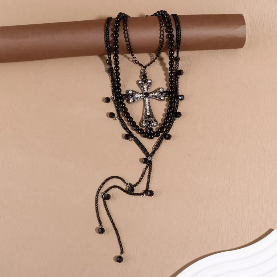 Pearl Cross Pendant Necklace 3 Piece Set Black / One Size Apparel and Accessories