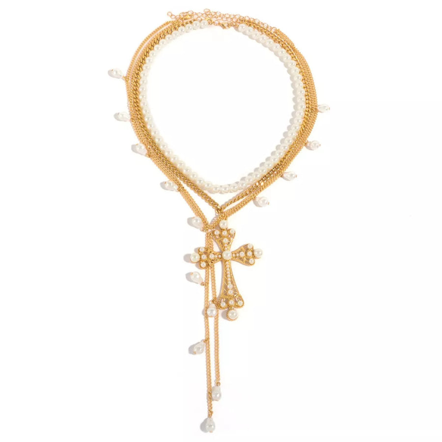 Pearl Cross Pendant Necklace 3 Piece Set Gold / One Size Apparel and Accessories