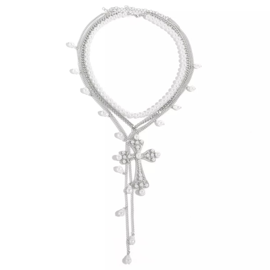 Pearl Cross Pendant Necklace 3 Piece Set Silver / One Size Apparel and Accessories