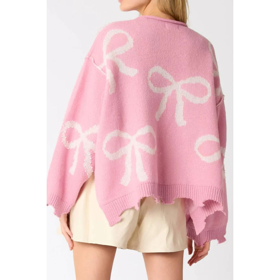 Pearl Detail Bow Round Neck Long Sleeve Sweater Dusty Pink / S Apparel and Accessories