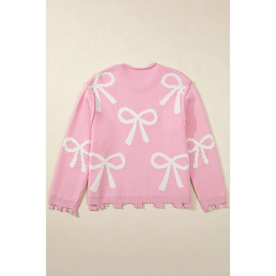 Pearl Detail Bow Round Neck Long Sleeve Sweater Apparel and Accessories