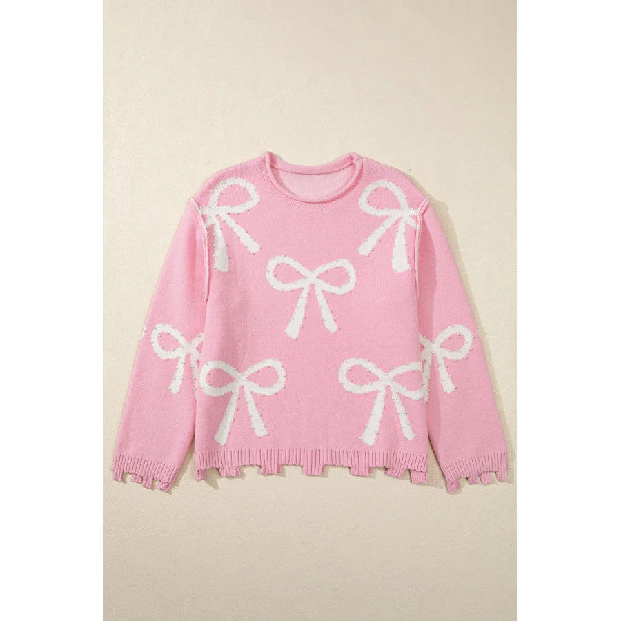 Pearl Detail Bow Round Neck Long Sleeve Sweater Apparel and Accessories