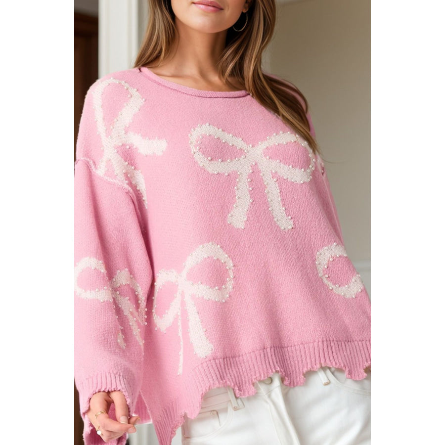 Pearl Detail Bow Round Neck Long Sleeve Sweater Dusty Pink / S Apparel and Accessories