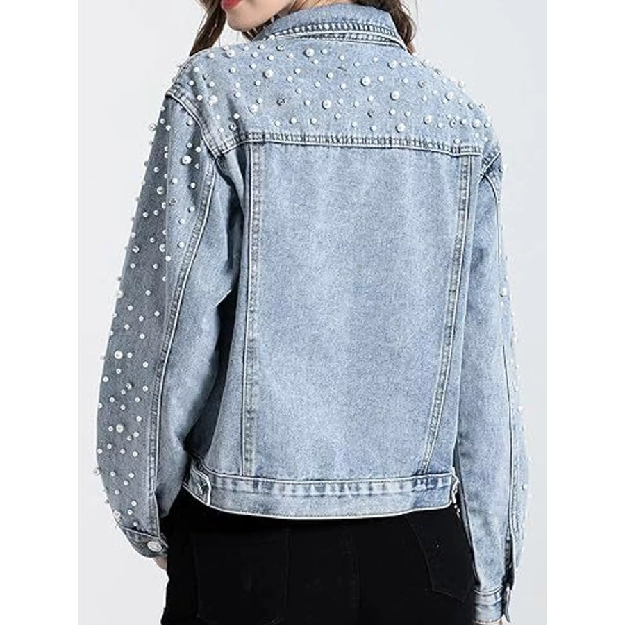 Pearl Detail Button Up Denim Jacket Apparel and Accessories
