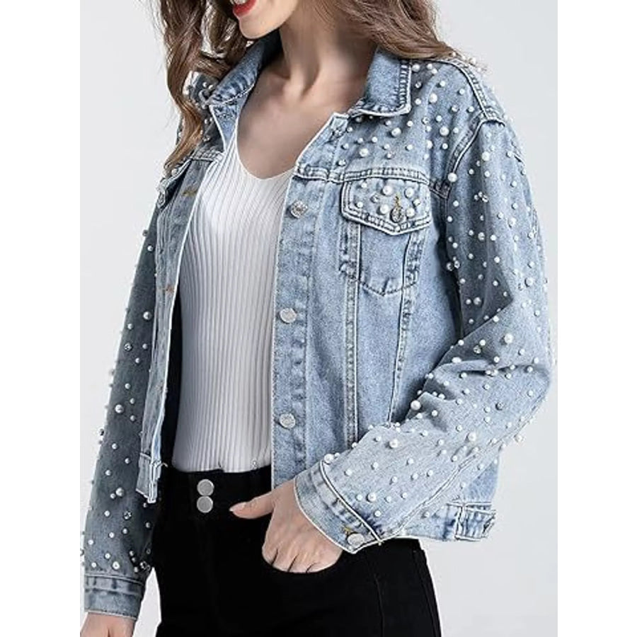 Pearl Detail Button Up Denim Jacket Apparel and Accessories