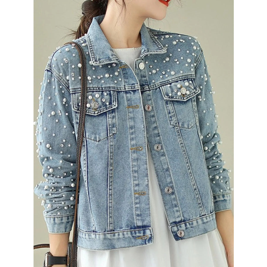 Pearl Detail Button Up Denim Jacket Apparel and Accessories