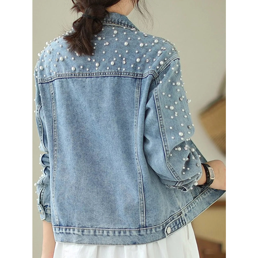 Pearl Detail Button Up Denim Jacket Apparel and Accessories