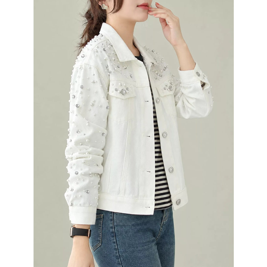 Pearl Detail Button Up Denim Jacket Apparel and Accessories