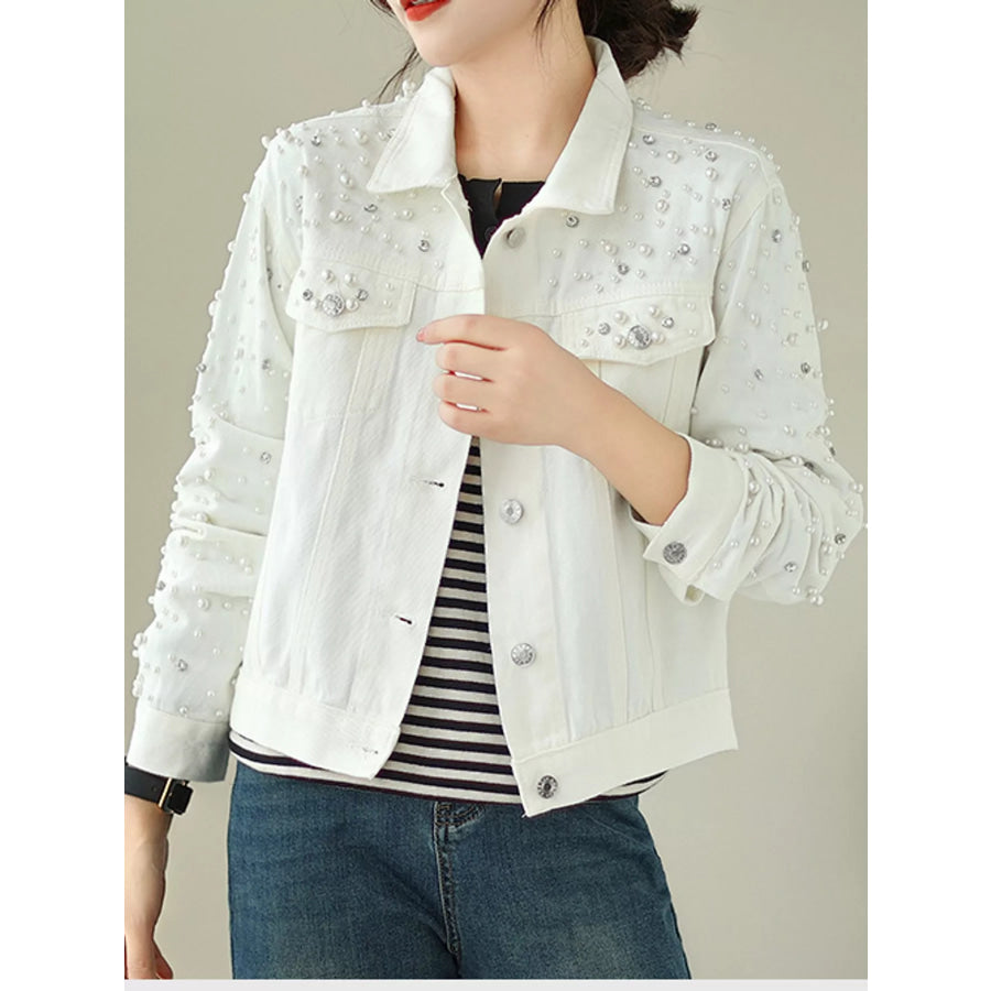 Pearl Detail Button Up Denim Jacket Apparel and Accessories