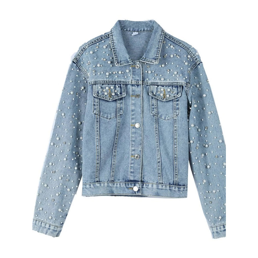 Pearl Detail Button Up Denim Jacket Apparel and Accessories