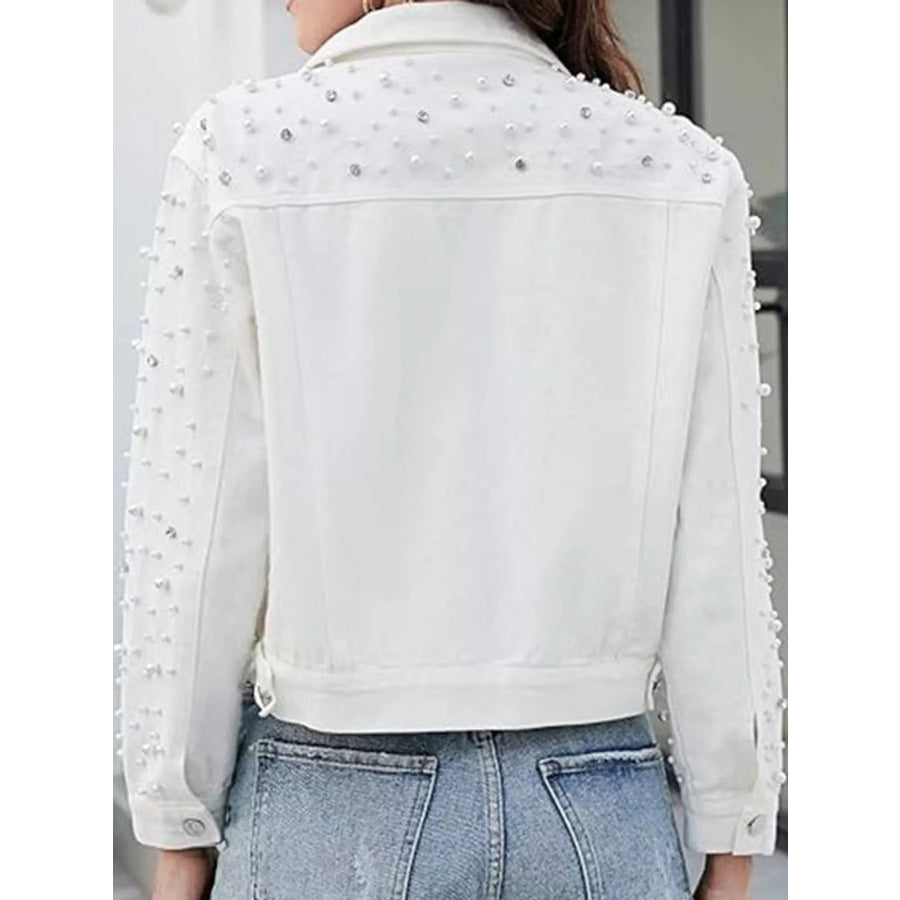 Pearl Detail Button Up Denim Jacket Apparel and Accessories