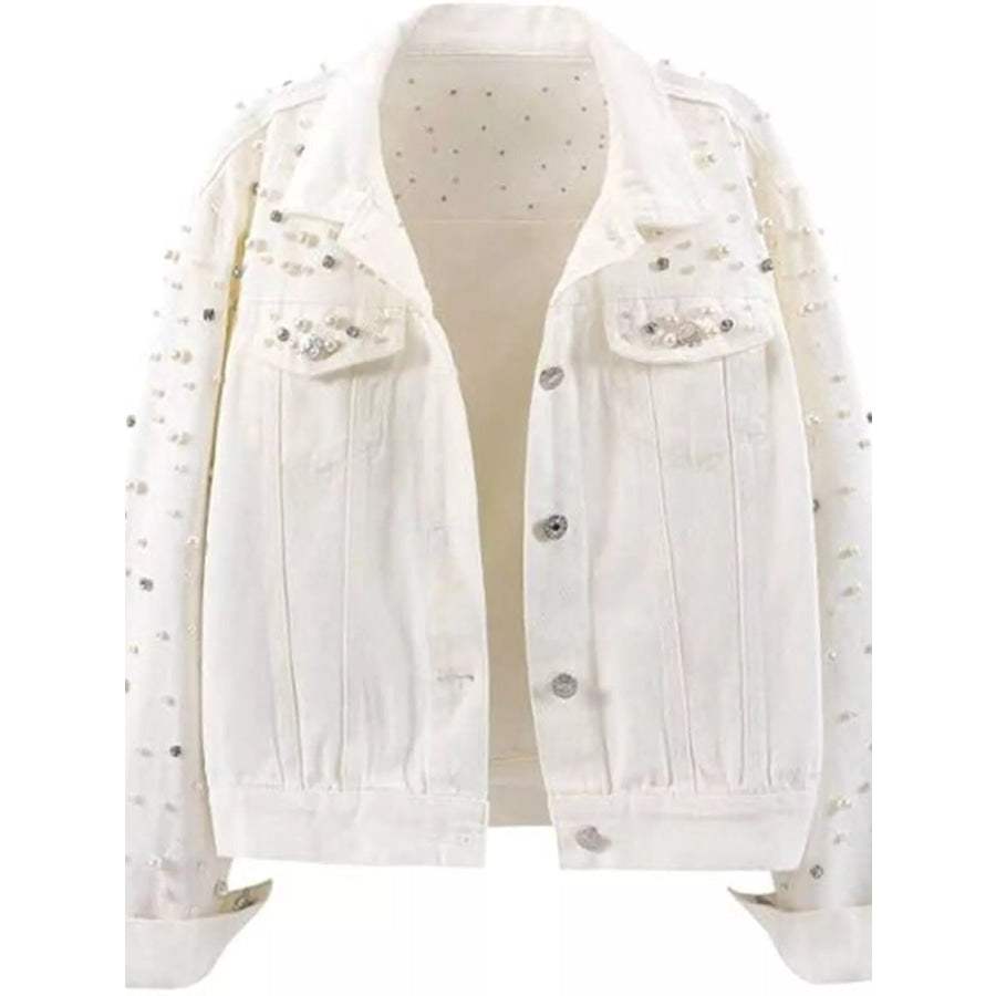 Pearl Detail Button Up Denim Jacket Apparel and Accessories