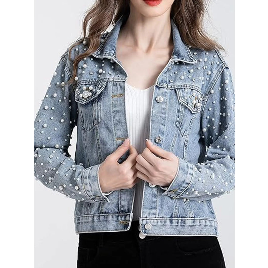 Pearl Detail Button Up Denim Jacket Apparel and Accessories