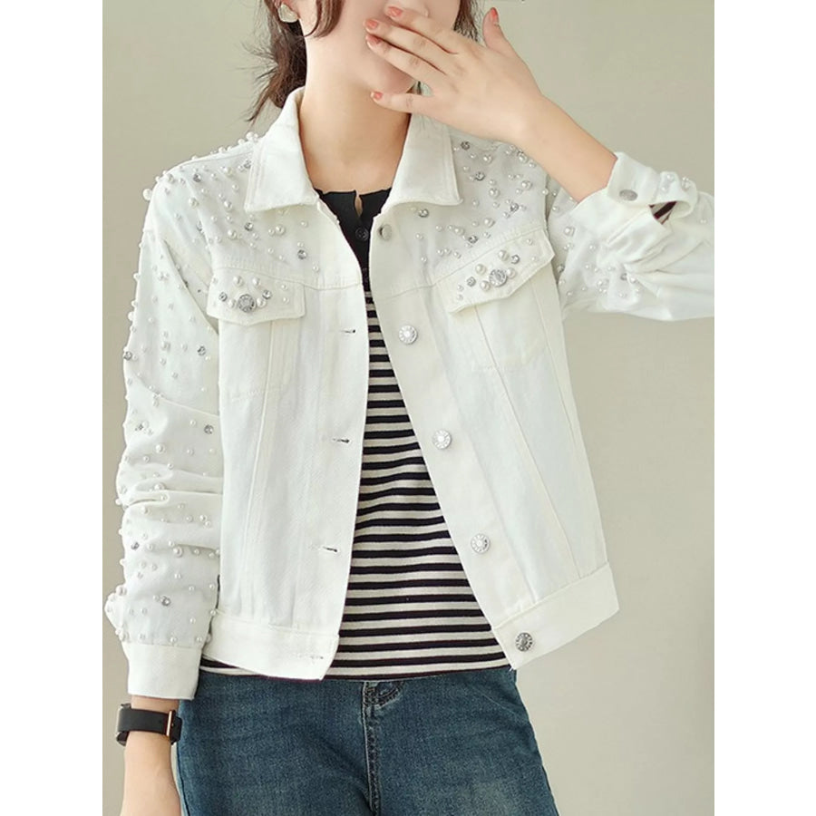 Pearl Detail Button Up Denim Jacket Apparel and Accessories