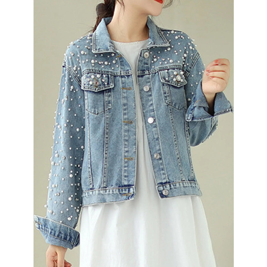 Pearl Detail Button Up Denim Jacket Light Blue / M Apparel and Accessories
