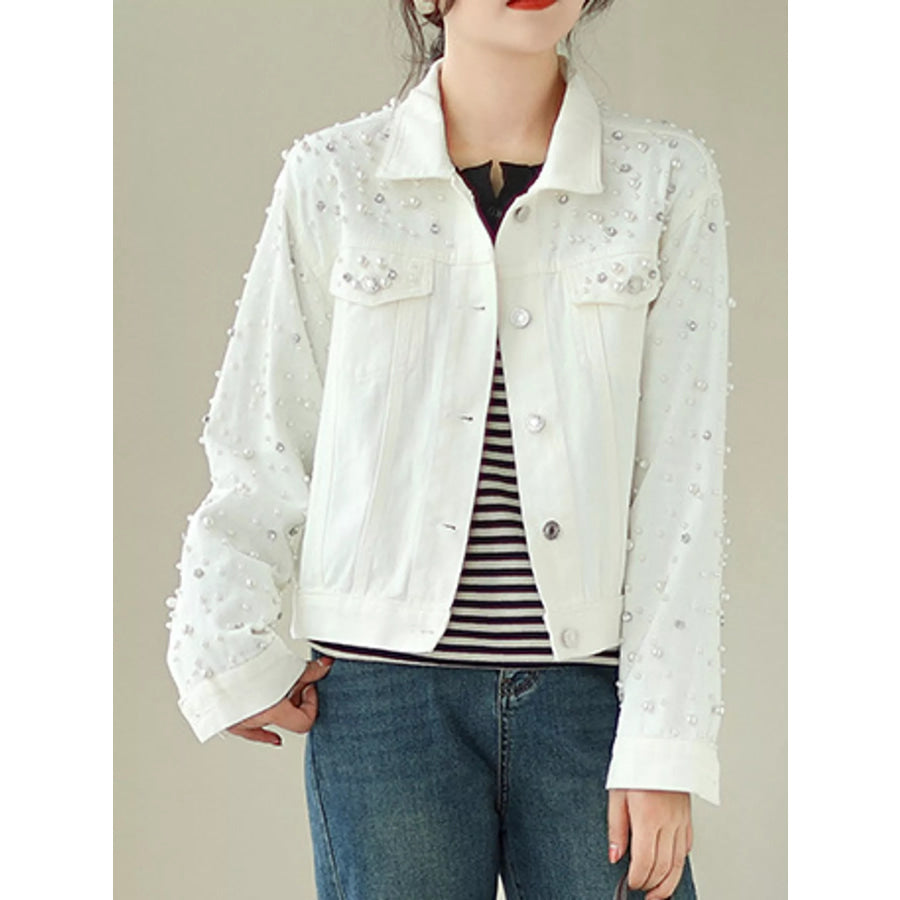 Pearl Detail Button Up Denim Jacket White / M Apparel and Accessories