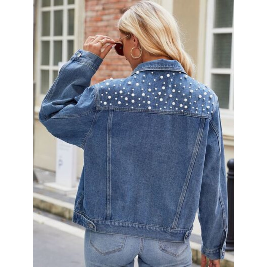 Pearl Detail Collared Neck Long Sleeve Denim Jacket Clothing