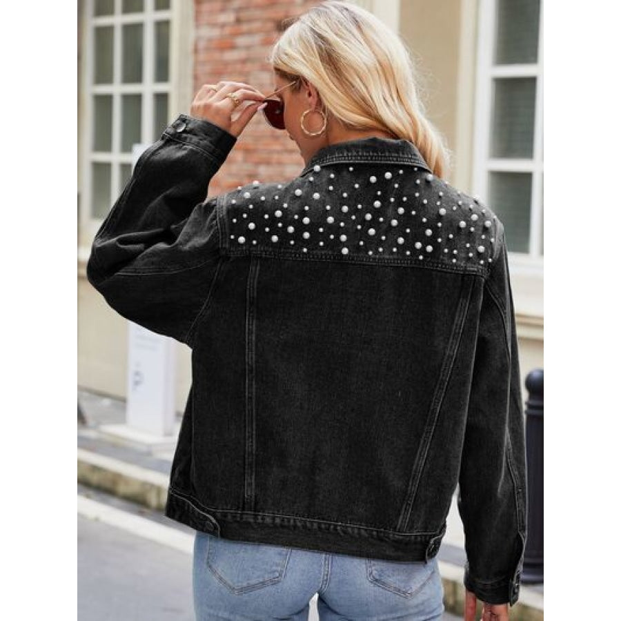 Pearl Detail Collared Neck Long Sleeve Denim Jacket Black / S Clothing