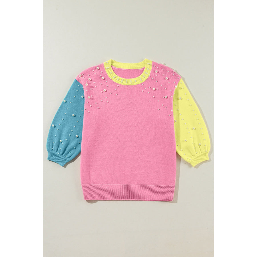 Pearl Detail Contrast Round Neck Sweater Pink / S Apparel and Accessories