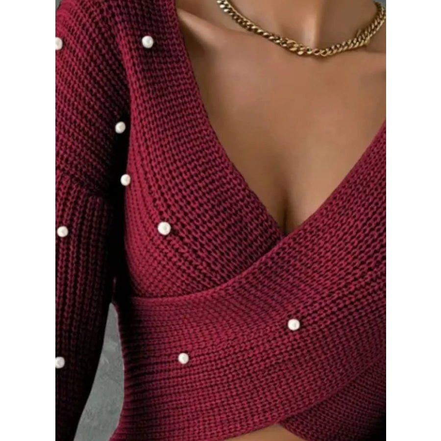Pearl Detail Crisscross Front Sweater Apparel and Accessories
