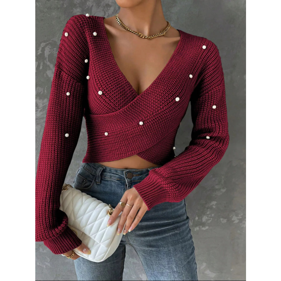 Pearl Detail Crisscross Front Sweater Burgundy / S Apparel and Accessories