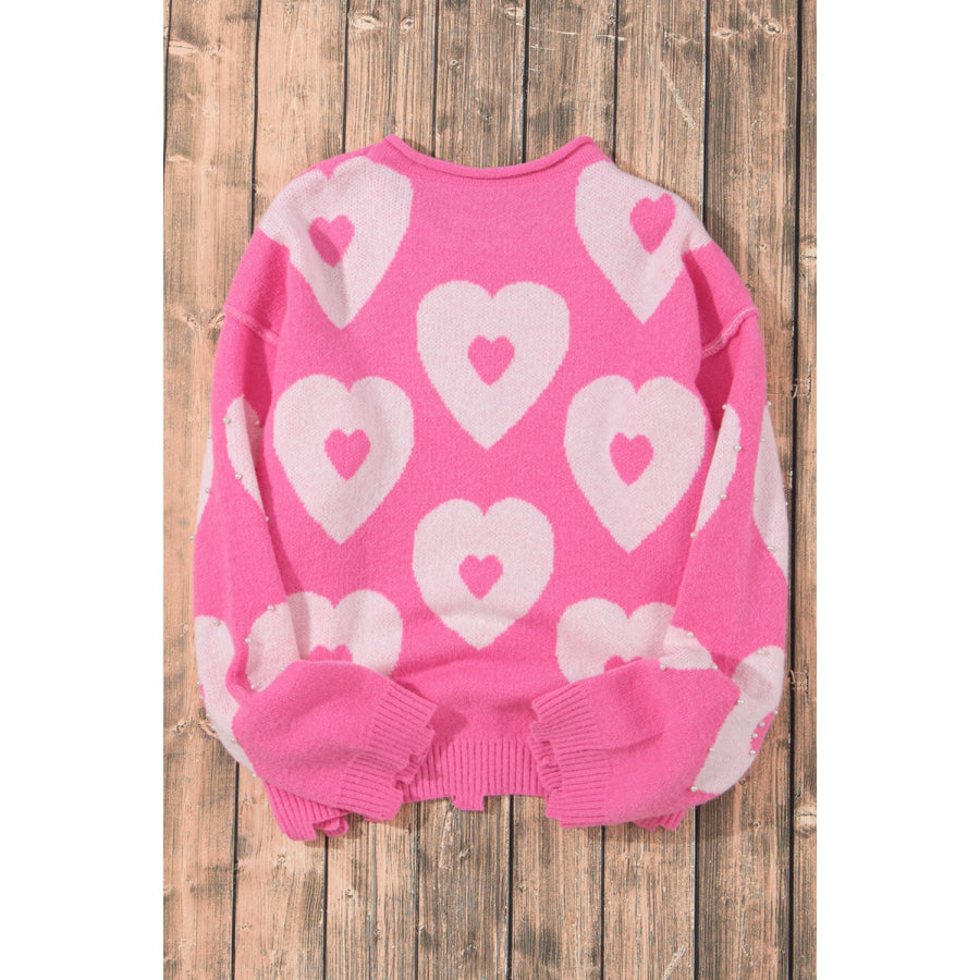 Pearl Detail Heart Round Neck Long Sleeve Sweater Apparel and Accessories