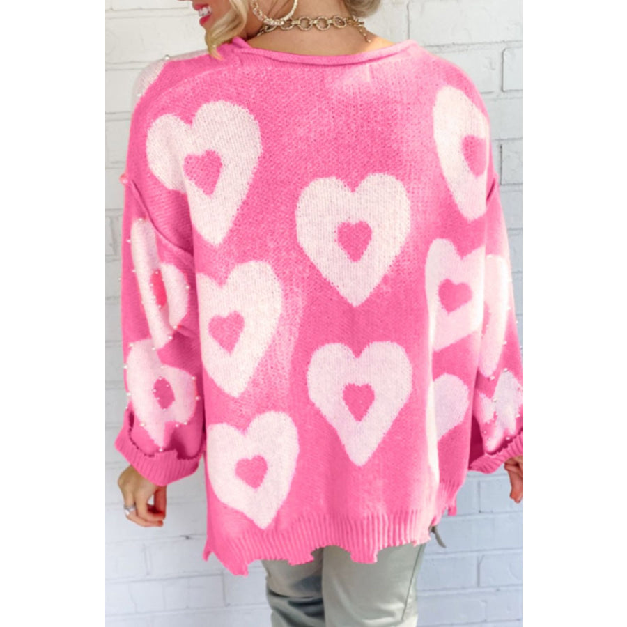 Pearl Detail Heart Round Neck Long Sleeve Sweater Apparel and Accessories