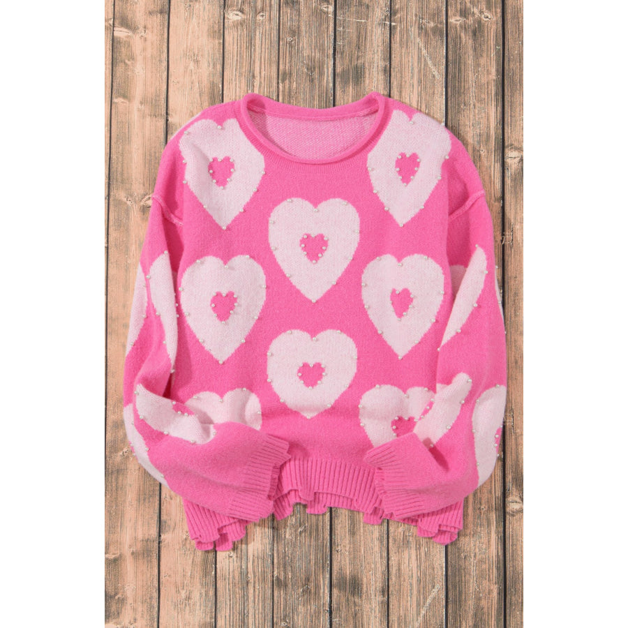 Pearl Detail Heart Round Neck Long Sleeve Sweater Apparel and Accessories