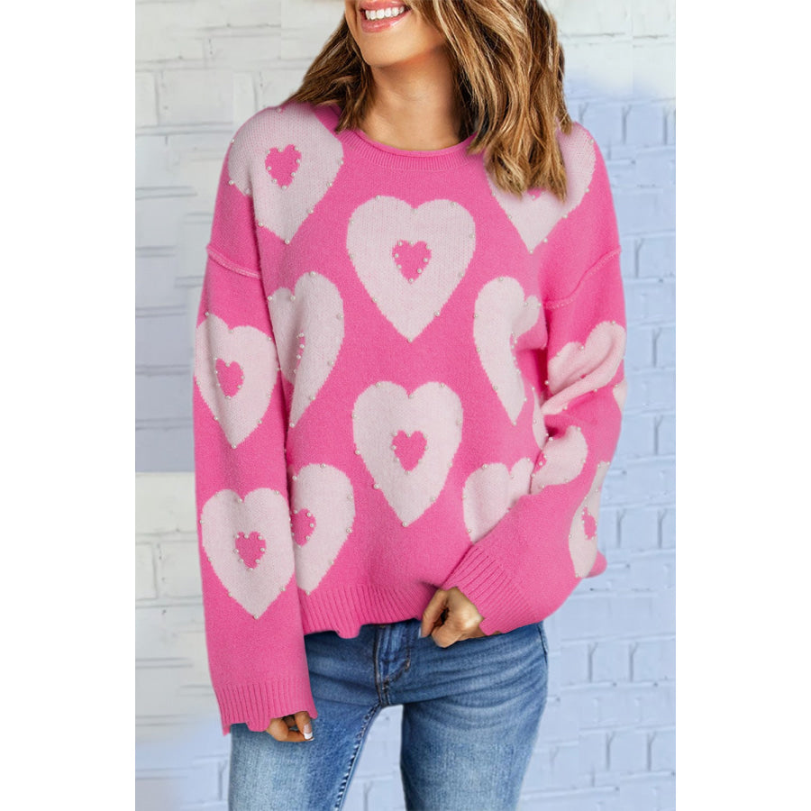 Pearl Detail Heart Round Neck Long Sleeve Sweater Fuchsia Pink / S Apparel and Accessories