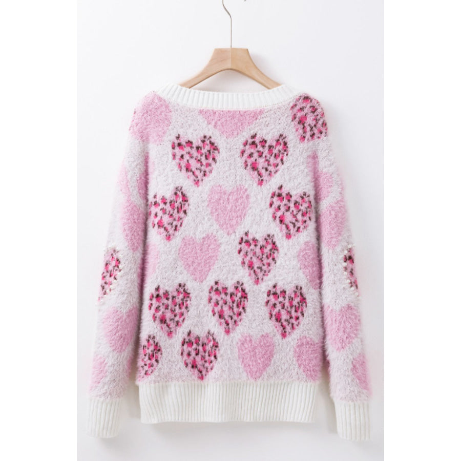 Pearl Detail Heart Round Neck Sweater Apparel and Accessories