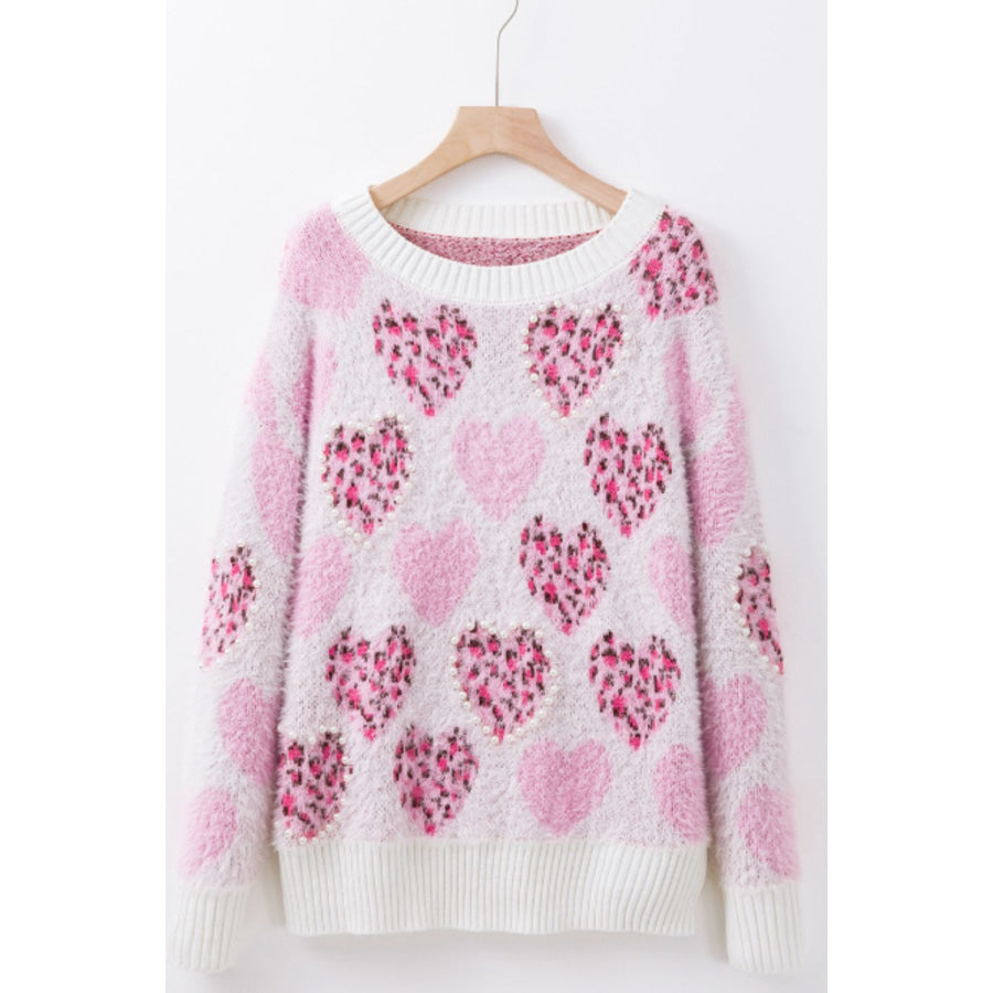 Pearl Detail Heart Round Neck Sweater Apparel and Accessories