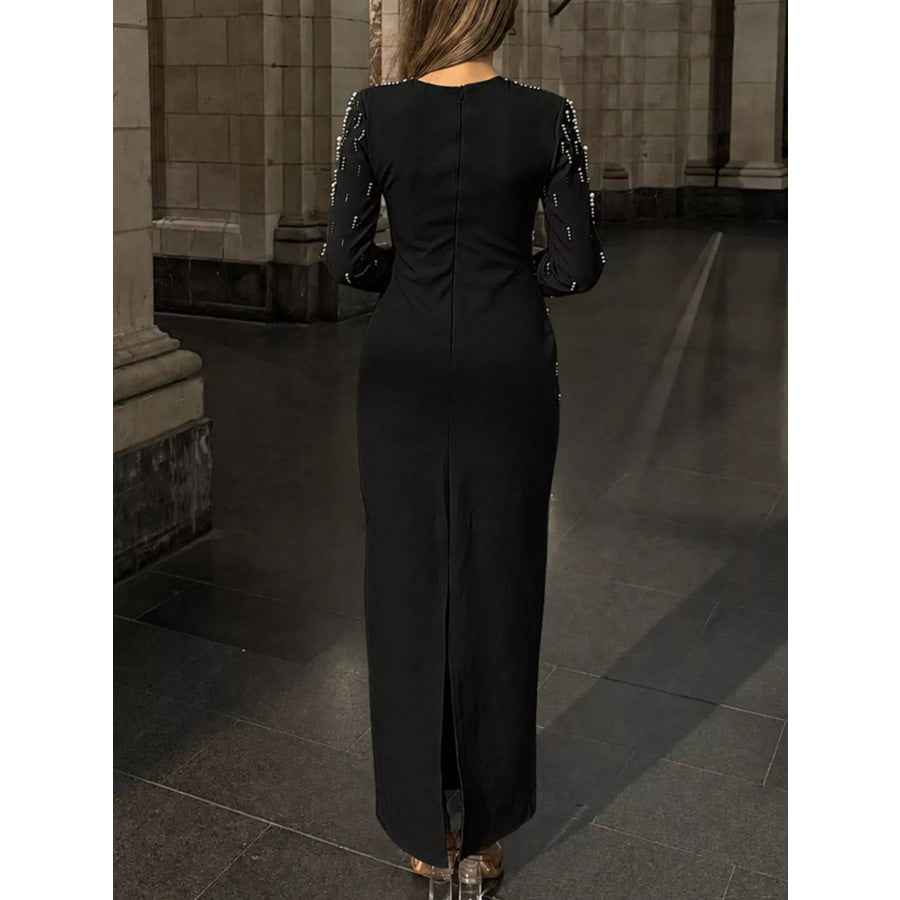 Pearl Detail Long Sleeve Maxi Dress Black / S Apparel and Accessories