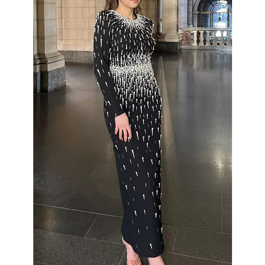 Pearl Detail Long Sleeve Maxi Dress Black / S Apparel and Accessories