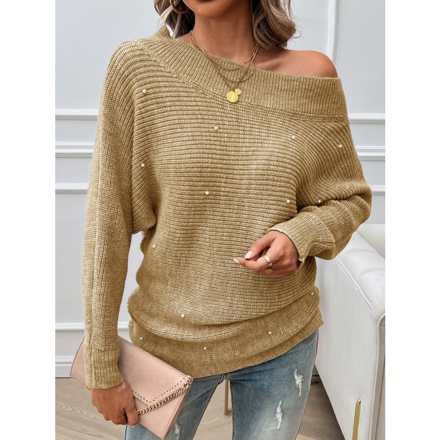 Pearl Detail Long Sleeve Sweater Tan / S Apparel and Accessories