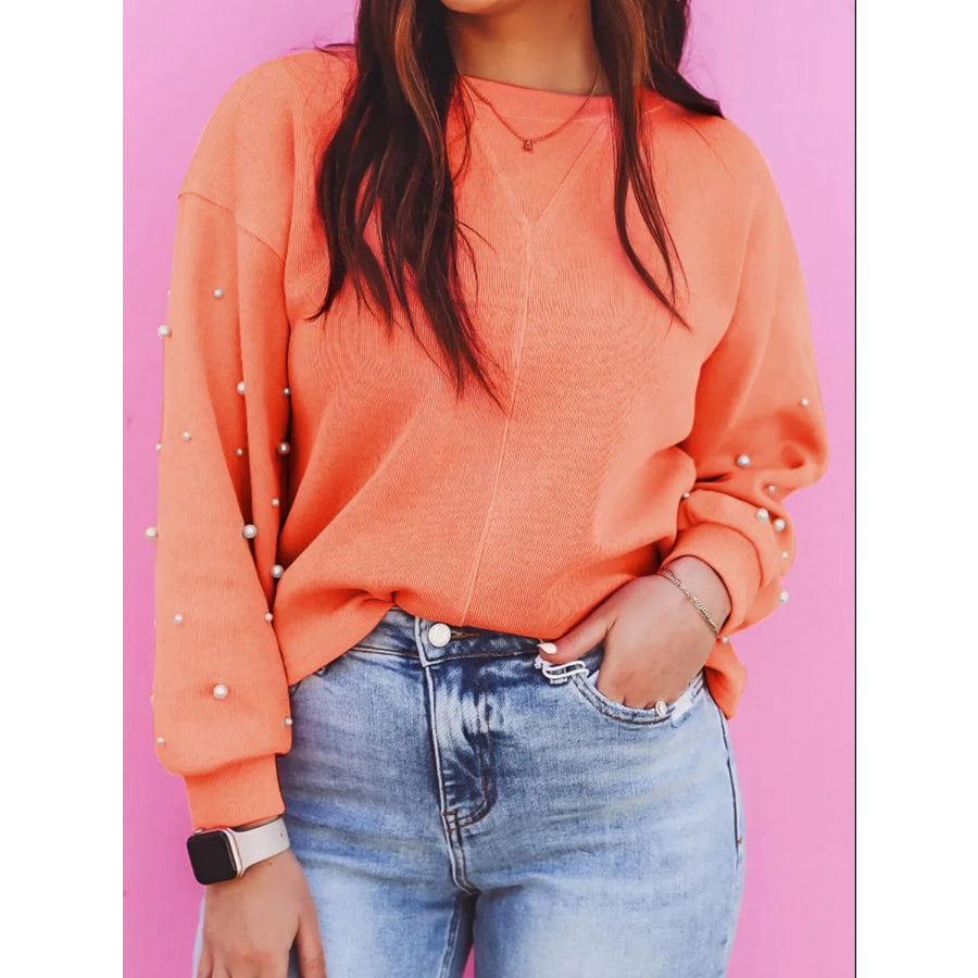 Pearl Detail Long Sleeve Sweatshirt Orange / S Apparel and Accessories