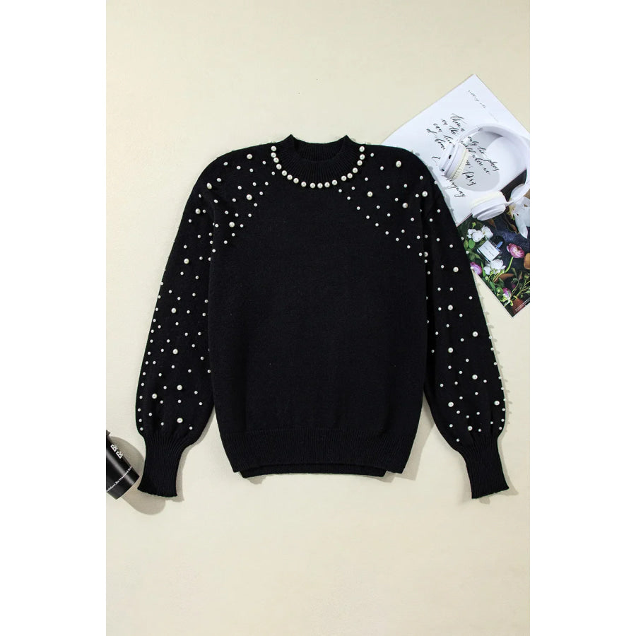 Pearl Detail Mock Neck Long Sleeve Sweater Apparel and Accessories