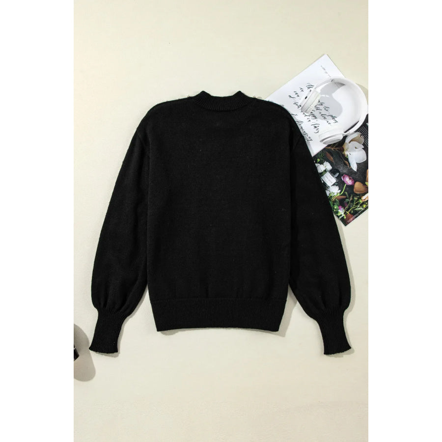 Pearl Detail Mock Neck Long Sleeve Sweater Apparel and Accessories