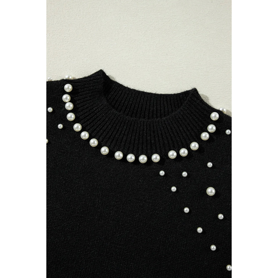 Pearl Detail Mock Neck Long Sleeve Sweater Apparel and Accessories