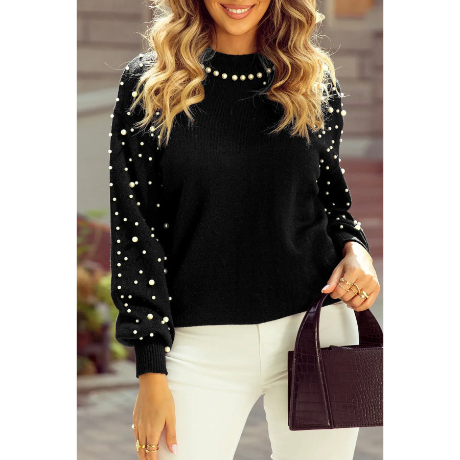 Pearl Detail Mock Neck Long Sleeve Sweater Black / S Apparel and Accessories