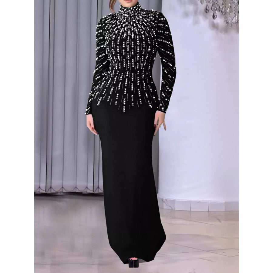 Pearl Detail Mock Neck Maxi Dress Black / S Apparel and Accessories