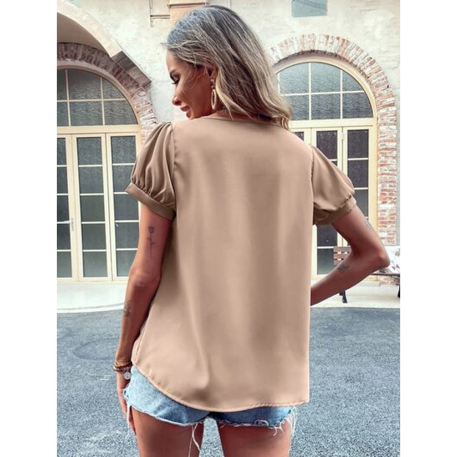 Pearl Detail Notched Short Sleeve Blouse Apparel and Accessories