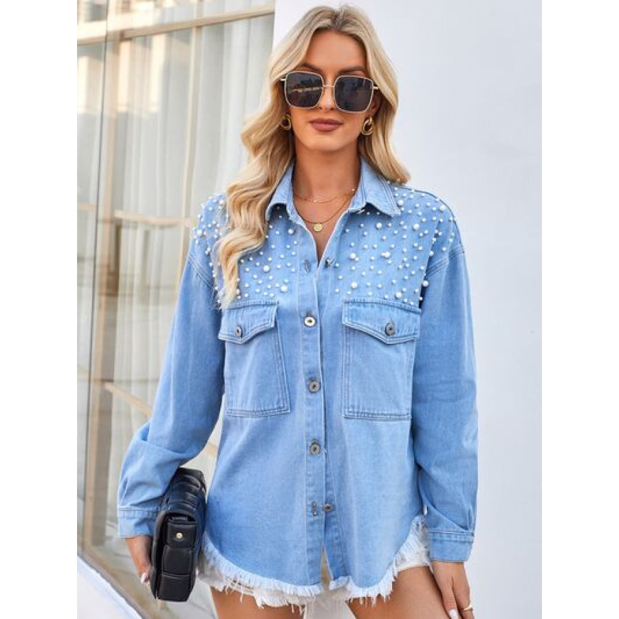Pearl Detail Pocketed Button Up Denim Jacket Ultra marine / S Apparel and Accessories