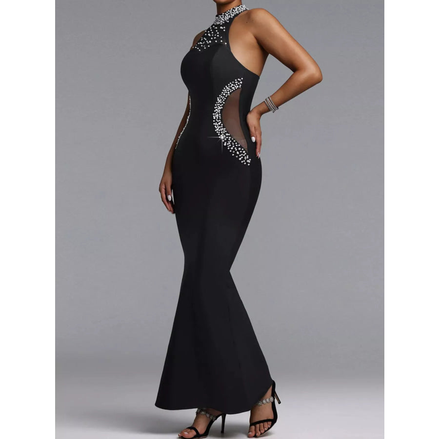 Pearl Detail Rhinestone Sleeveless Maxi Dress Black / S Apparel and Accessories