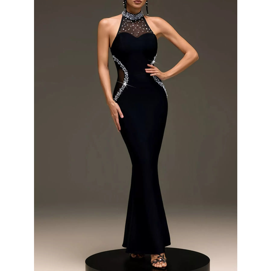 Pearl Detail Rhinestone Sleeveless Maxi Dress Apparel and Accessories