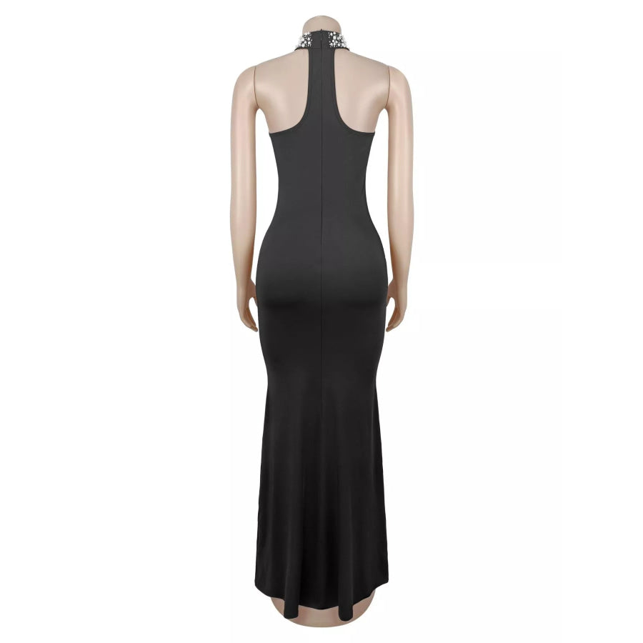 Pearl Detail Rhinestone Sleeveless Maxi Dress Apparel and Accessories